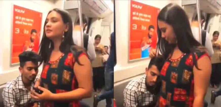 A beautiful girl standing nearby did something that woke up the boy who was taking a nap while sitting in the metro